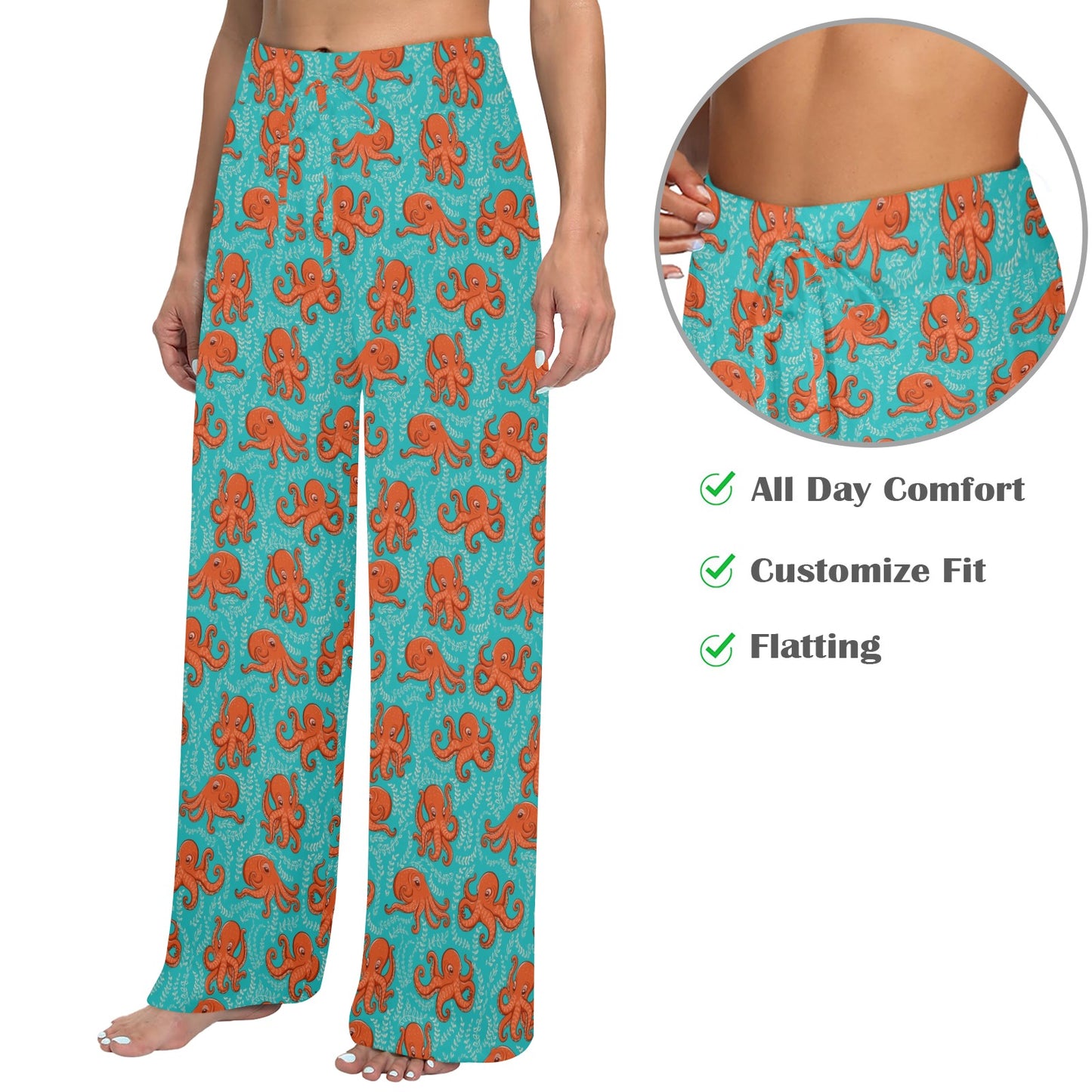 Octopus Cartoon Design Print Themed Women's Wide Leg Lounge Pants