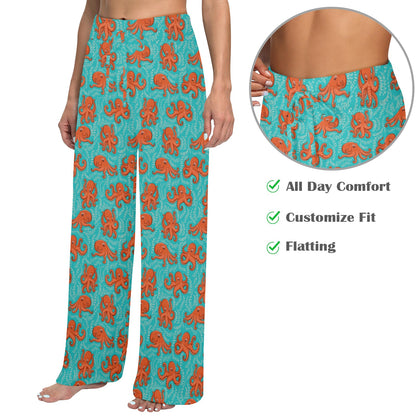 Octopus Cartoon Design Print Themed Women's Wide Leg Lounge Pants