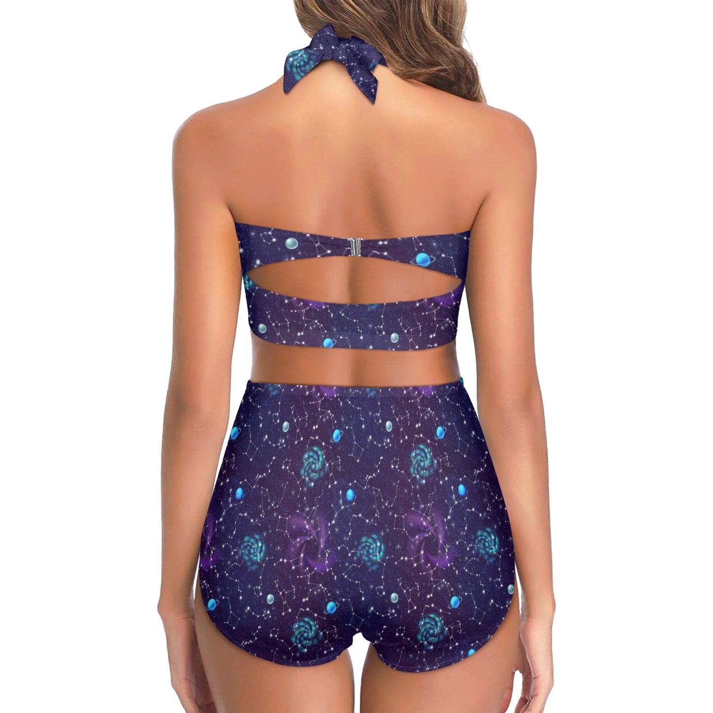 Zodiac Galaxy Design Print Halter Neck Bikini Swimsuit