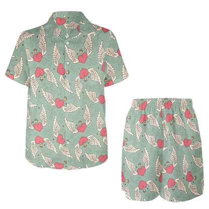 Angel Wings Heart Design Themed Print Men's Beach Shirt and Shorts Set