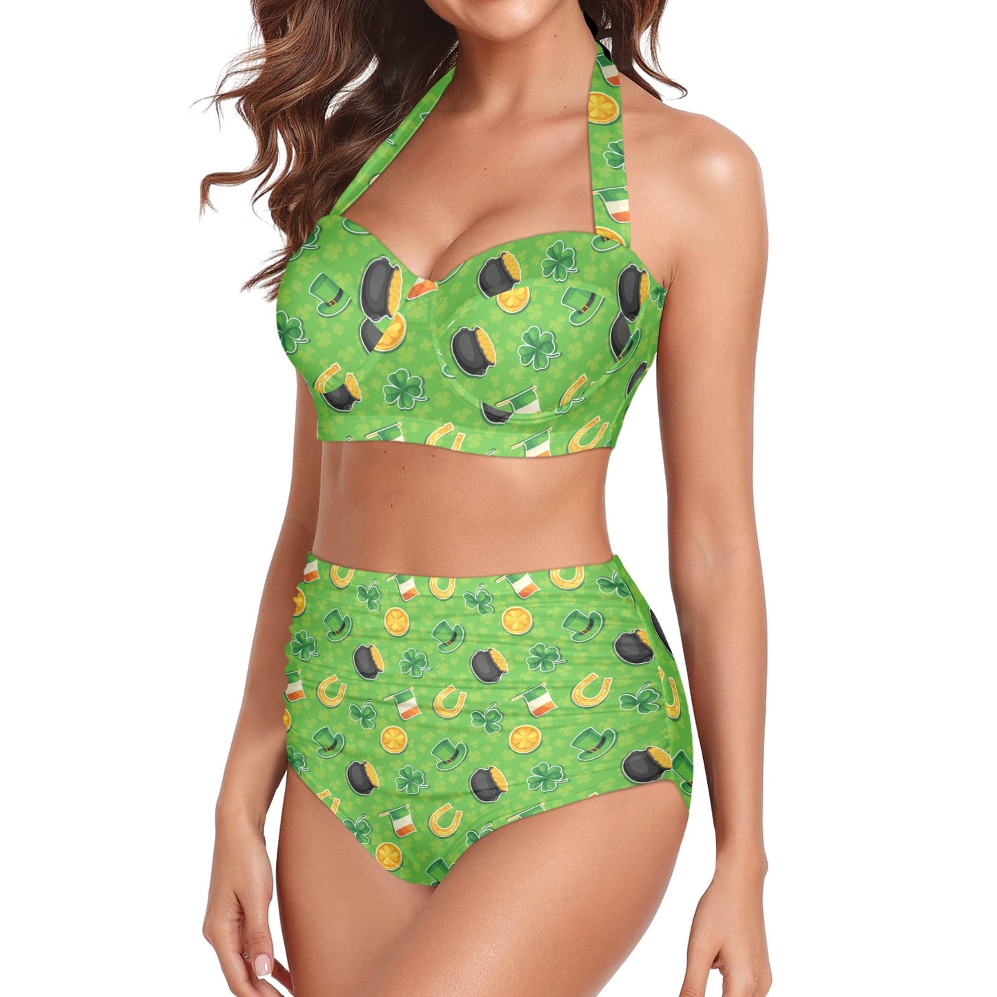 Shamrock Saint Patrick's Day Print Design LKS302 Halter Neck Bikini Swimsuit