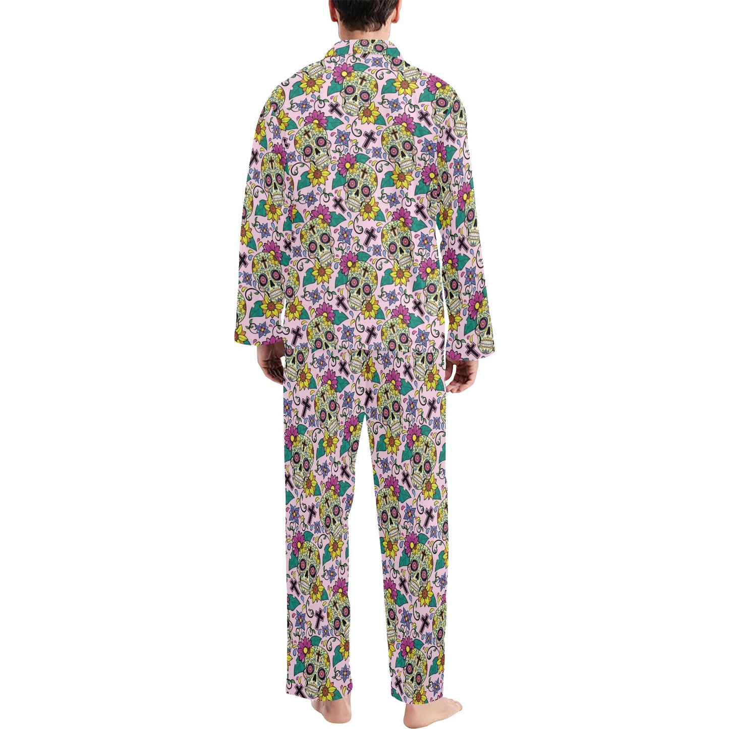 Sugar Skull Print Design LKS307 Men's Long Pajama Set