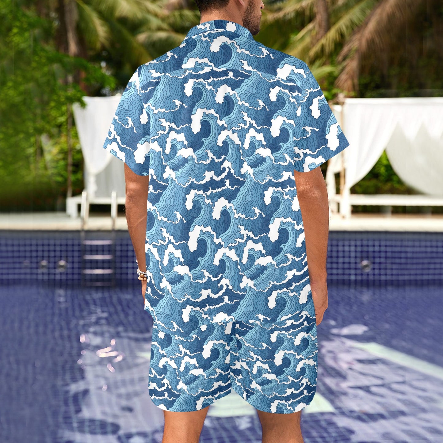 Wave Themed Pattern Print Men's Beach Shirt and Shorts Set