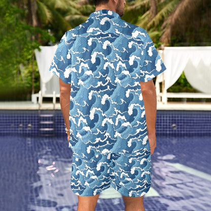 Wave Themed Pattern Print Men's Beach Shirt and Shorts Set