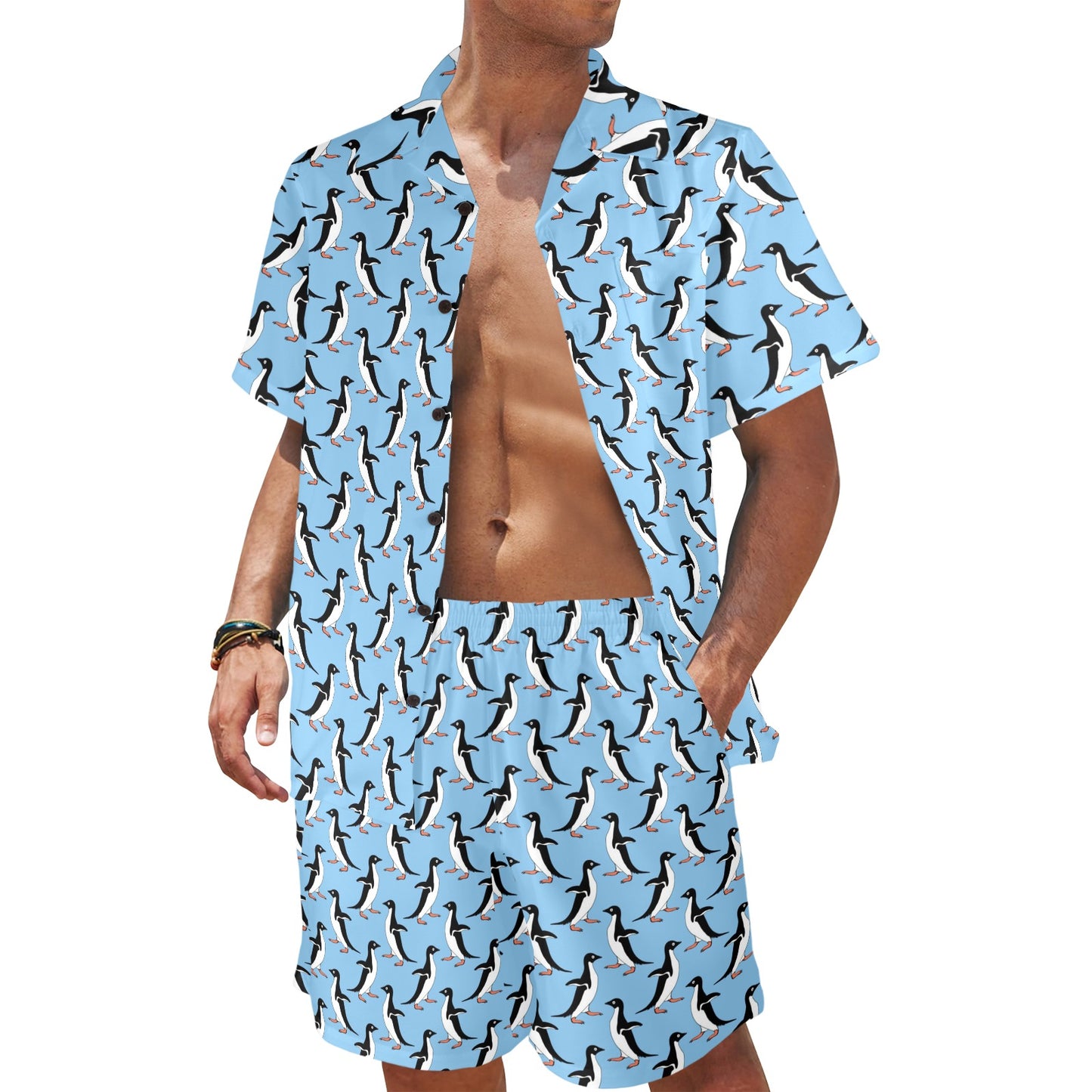 Penguin Dance Pattern Men's Beach Shirt and Shorts Set