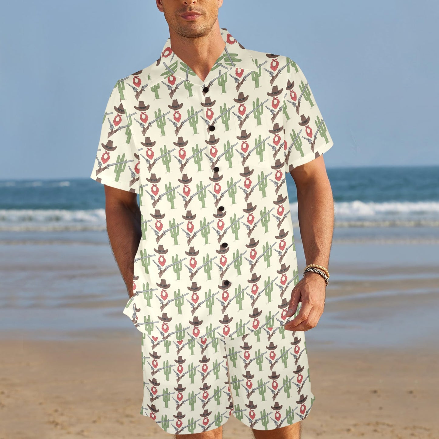 Western Cowboy Print Men's Beach Shirt and Shorts Set