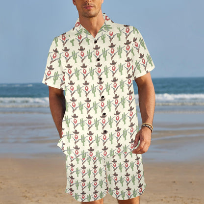 Western Cowboy Print Men's Beach Shirt and Shorts Set