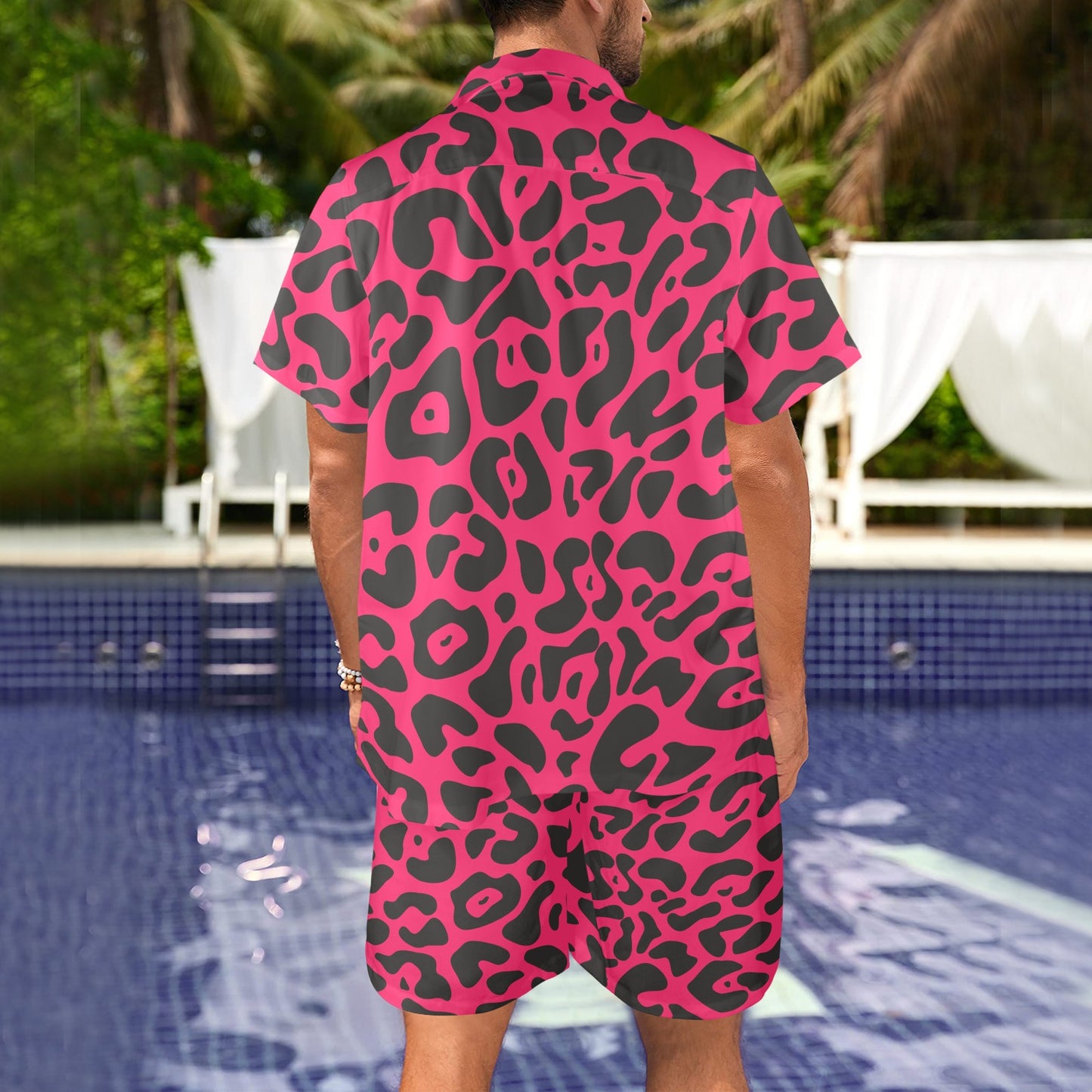 Cheetah Pink Print Pattern Men's Beach Shirt and Shorts Set
