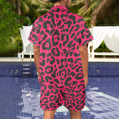 Cheetah Pink Print Pattern Men's Beach Shirt and Shorts Set