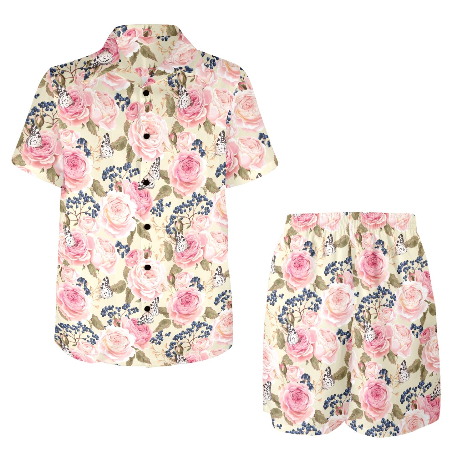 Floral Pink Butterfly Print Men's Beach Shirt and Shorts Set