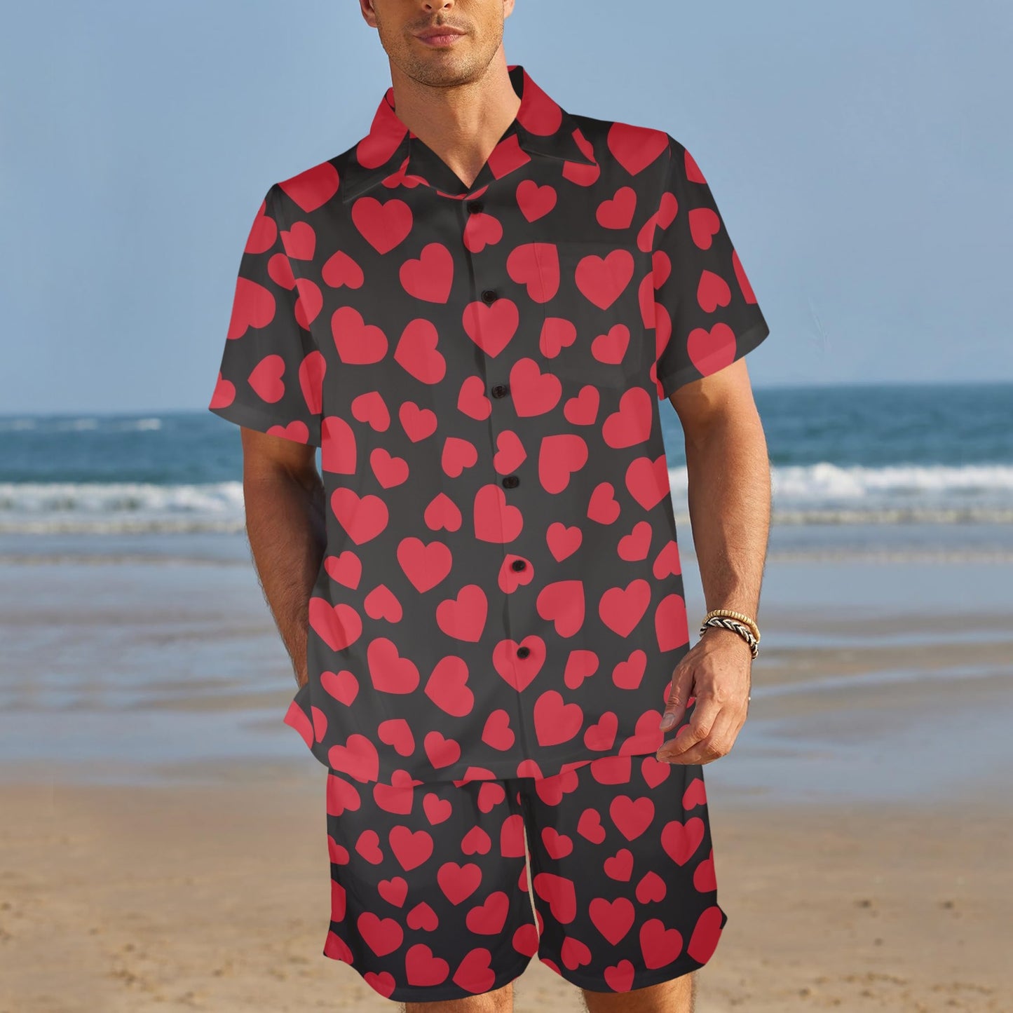 Heart Red Pattern Print Design HE01 Men's Beach Shirt and Shorts Set