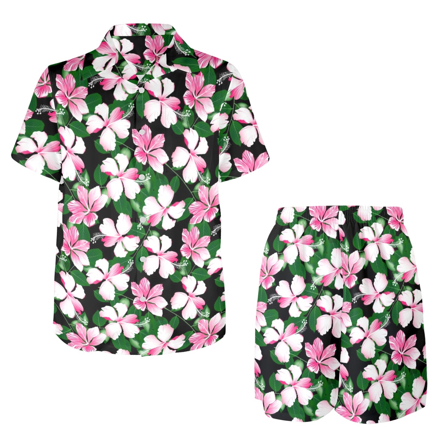 Hibiscus Pink Flower Hawaiian Print Men's Beach Shirt and Shorts Set