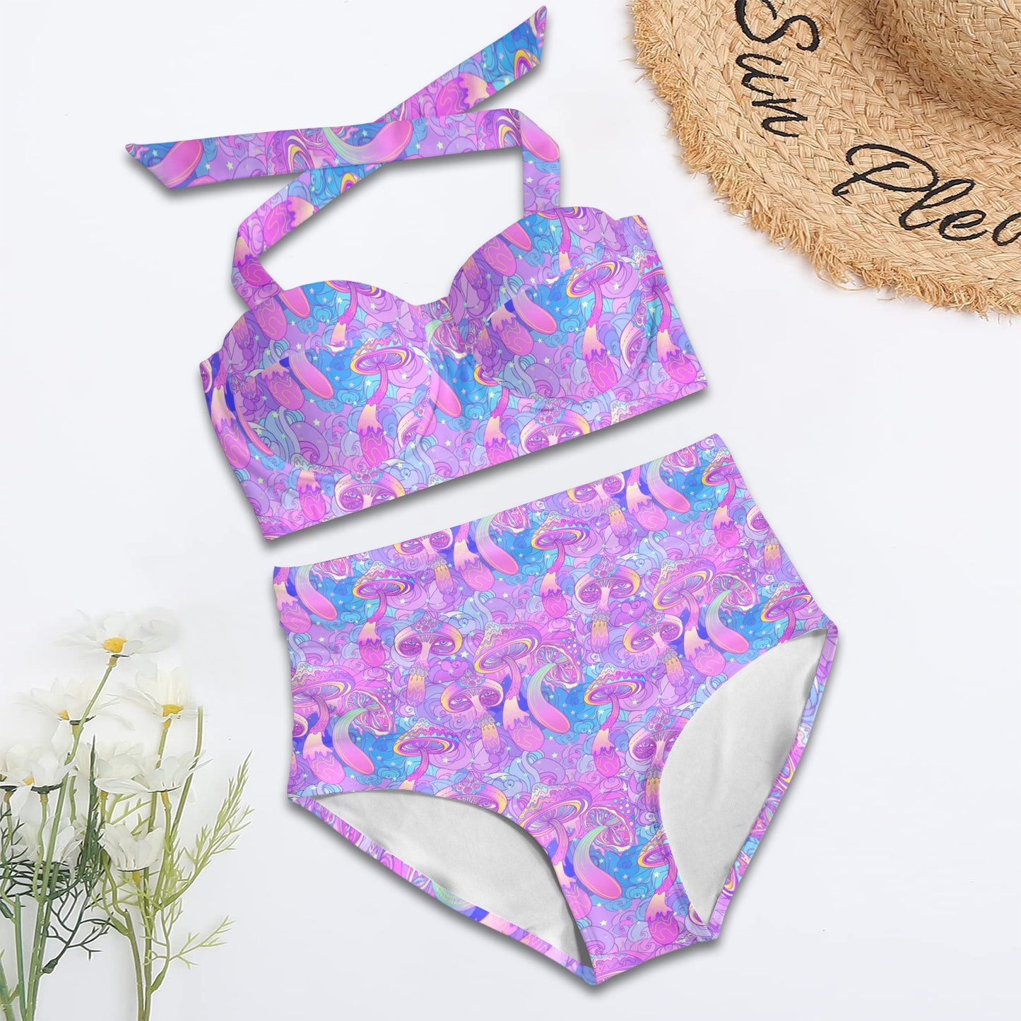 Psychedelic Trippy Mushroom Print Halter Neck Bikini Swimsuit