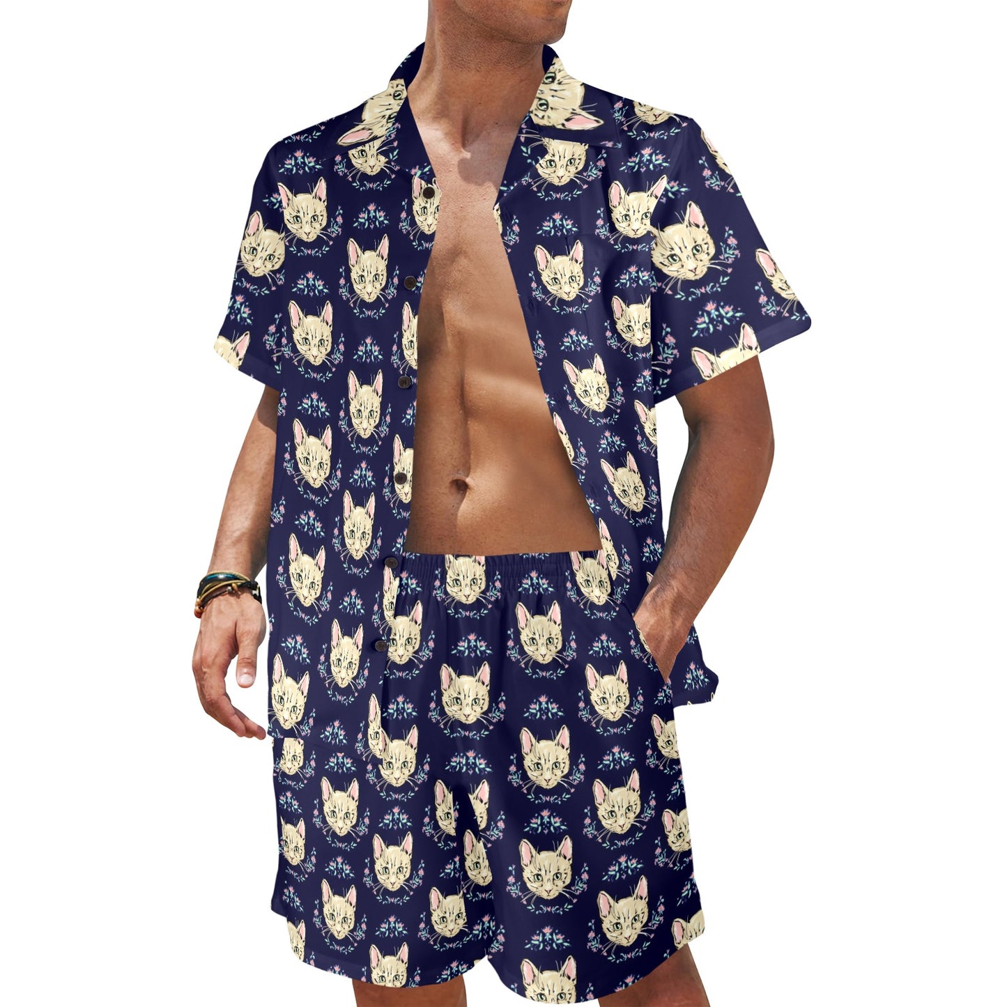 Cat Head with flower Print Pattern Men's Beach Shirt and Shorts Set