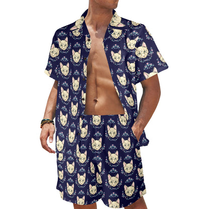 Cat Head with flower Print Pattern Men's Beach Shirt and Shorts Set