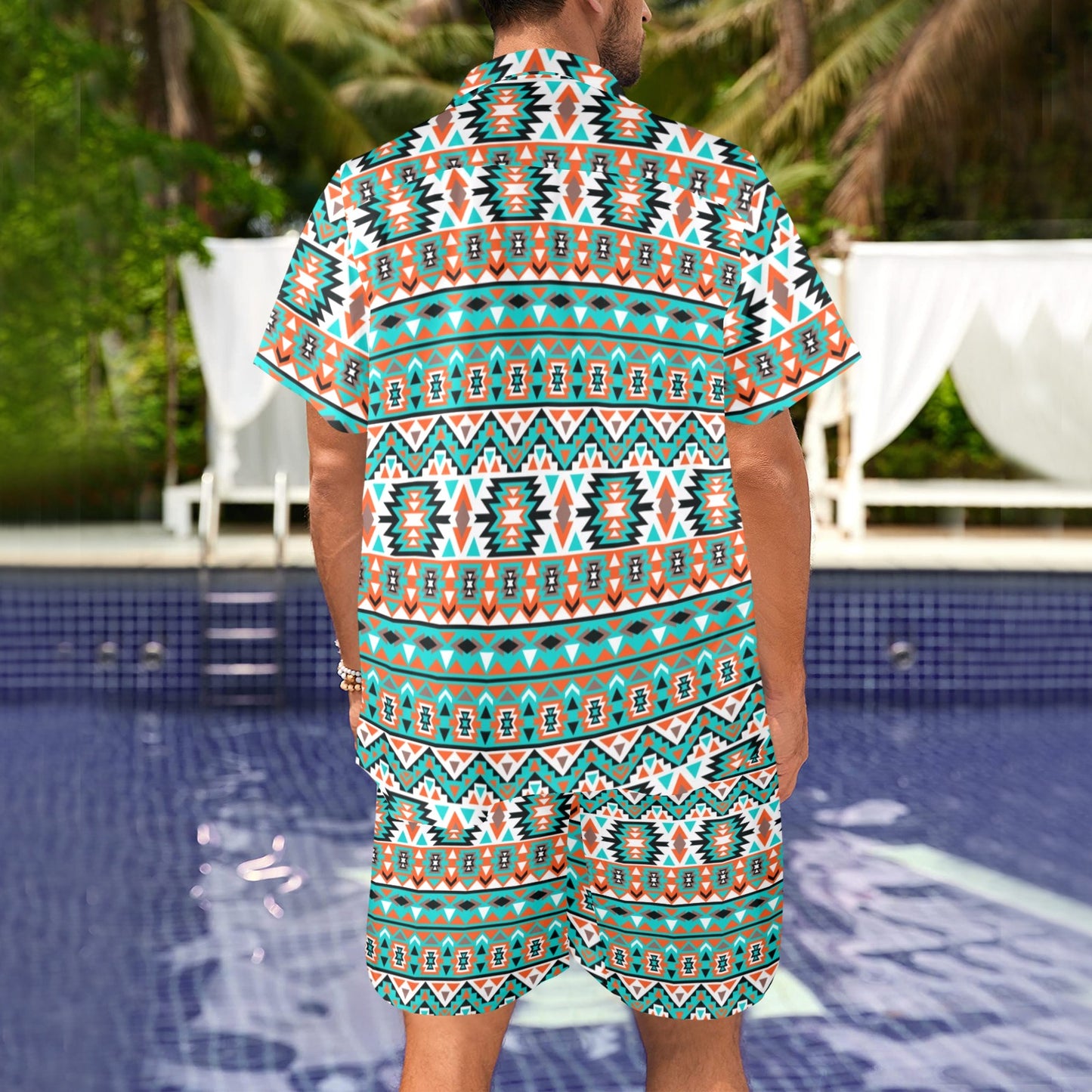 Indian Navajo Ethnic Themed Design Print Men's Beach Shirt and Shorts Set