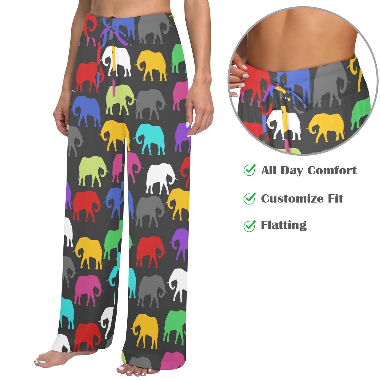 elephant colorful Design Print Pattern JJ0189 Women's Wide Leg Lounge Pants