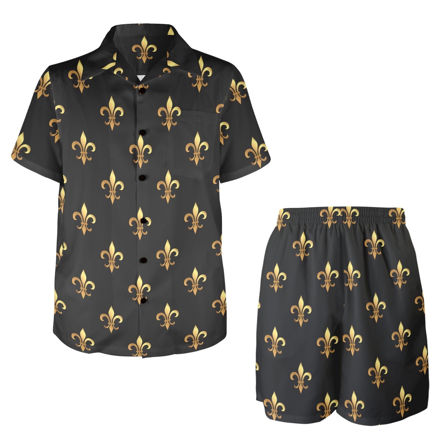 Fleur De Lis Gold Pattern Print Design 03 Men's Beach Shirt and Shorts Set