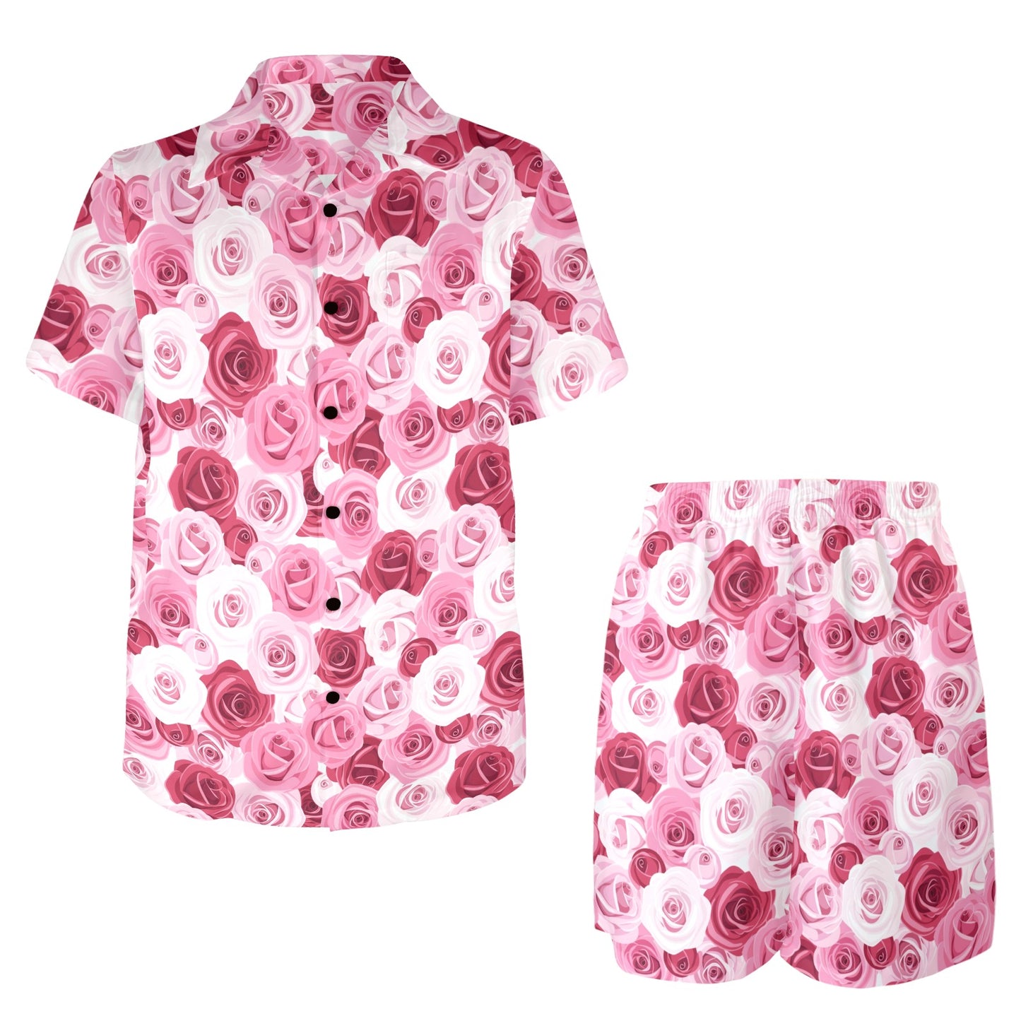 Pink Red Rose Pattern Print Men's Beach Shirt and Shorts Set