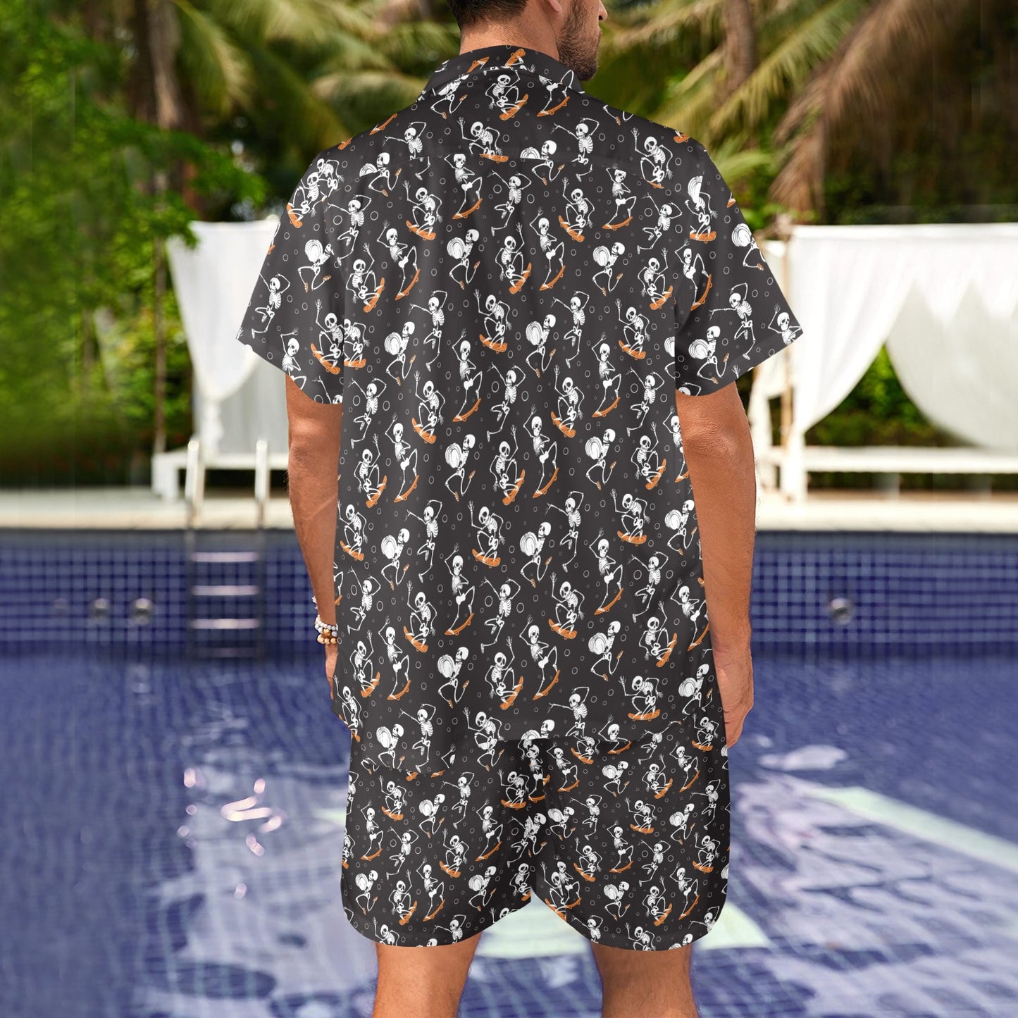 Skateboard With Skeleton Print Design LKS303 Men's Beach Shirt and Shorts Set