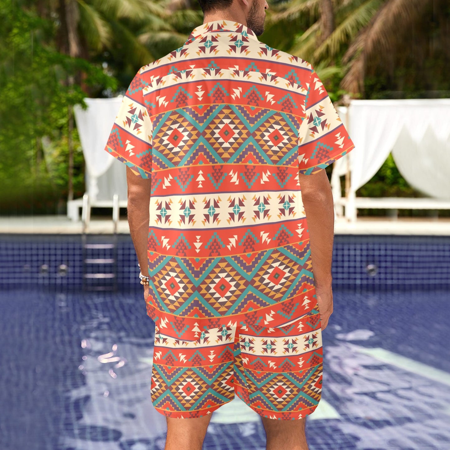 Aztec Red Print Pattern Men's Beach Shirt and Shorts Set