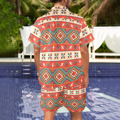 Aztec Red Print Pattern Men's Beach Shirt and Shorts Set