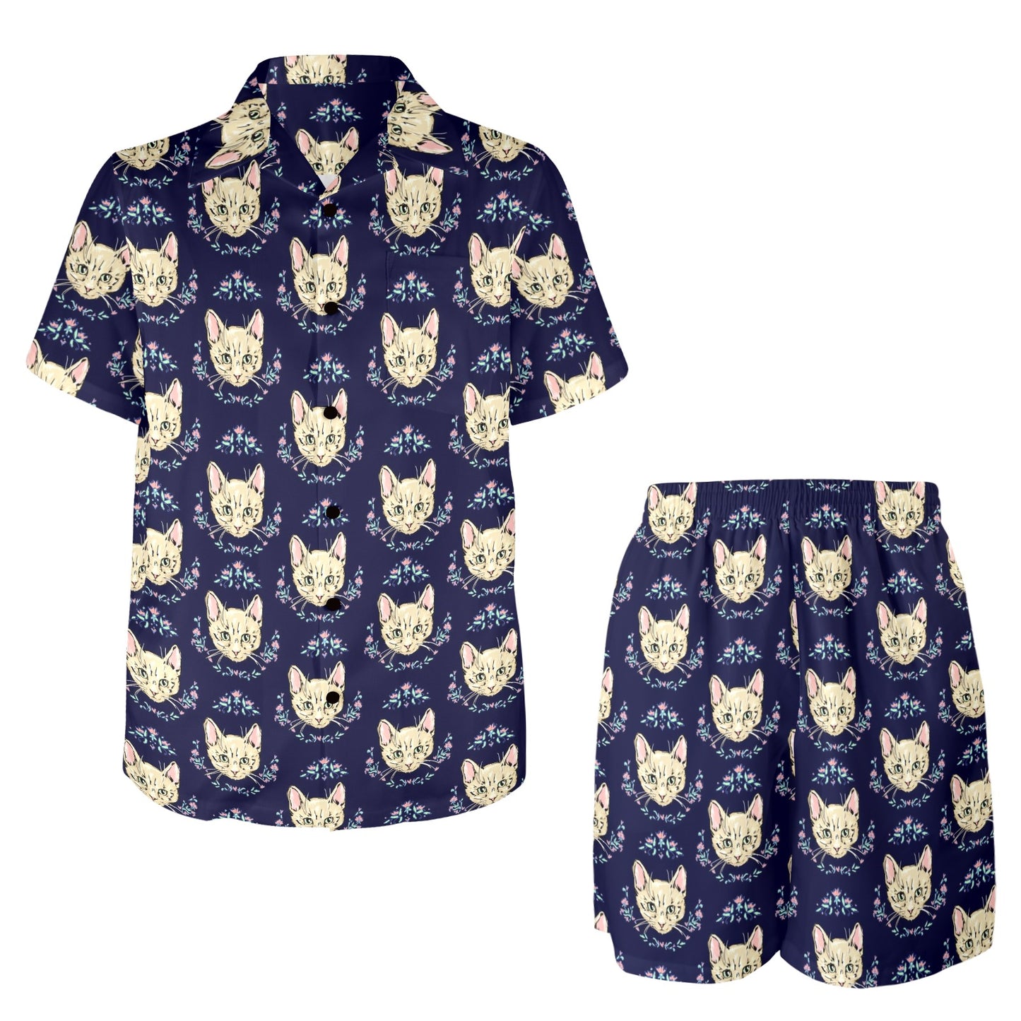 Cat Head with flower Print Pattern Men's Beach Shirt and Shorts Set