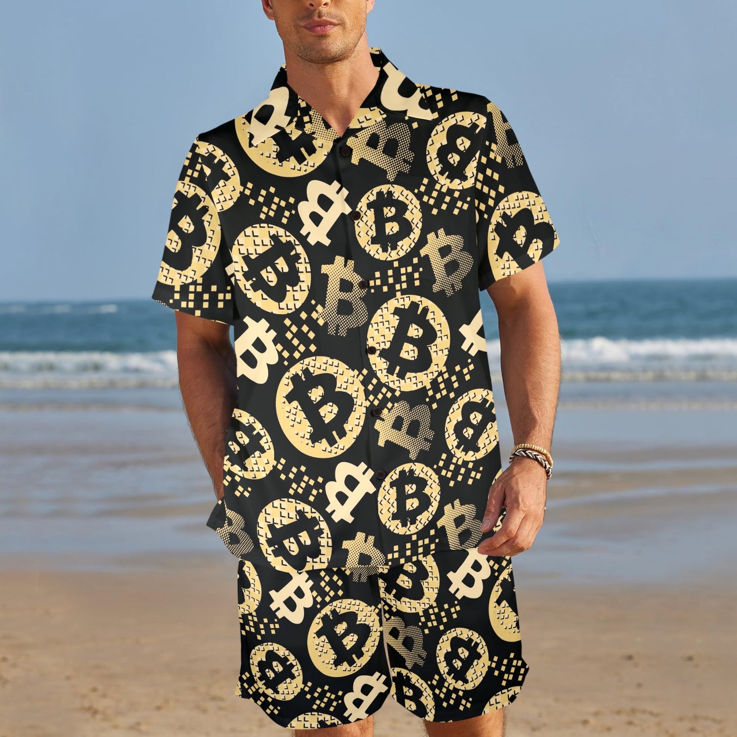 Bitcoin Pattern Print Design DO06 Men's Beach Shirt and Shorts Set