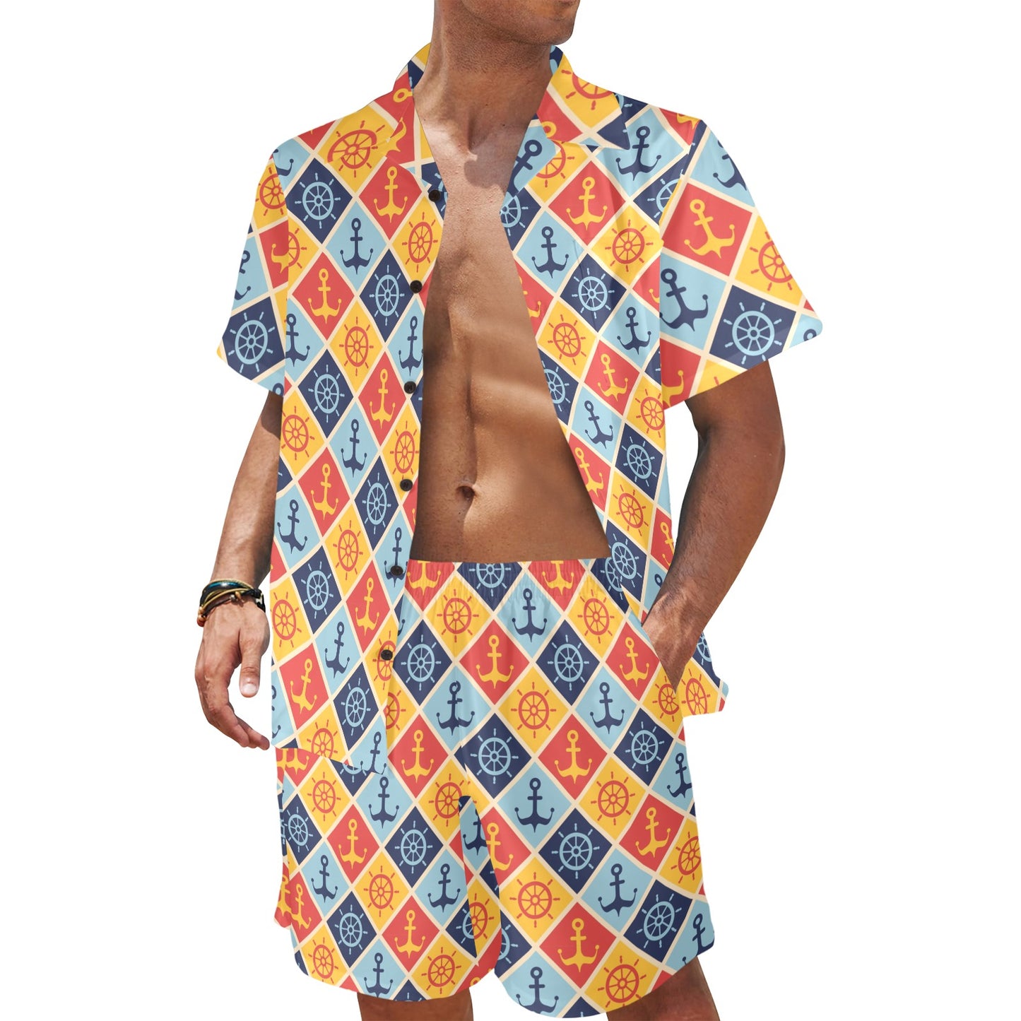 Nautical Pattern Design Themed Print Men's Beach Shirt and Shorts Set