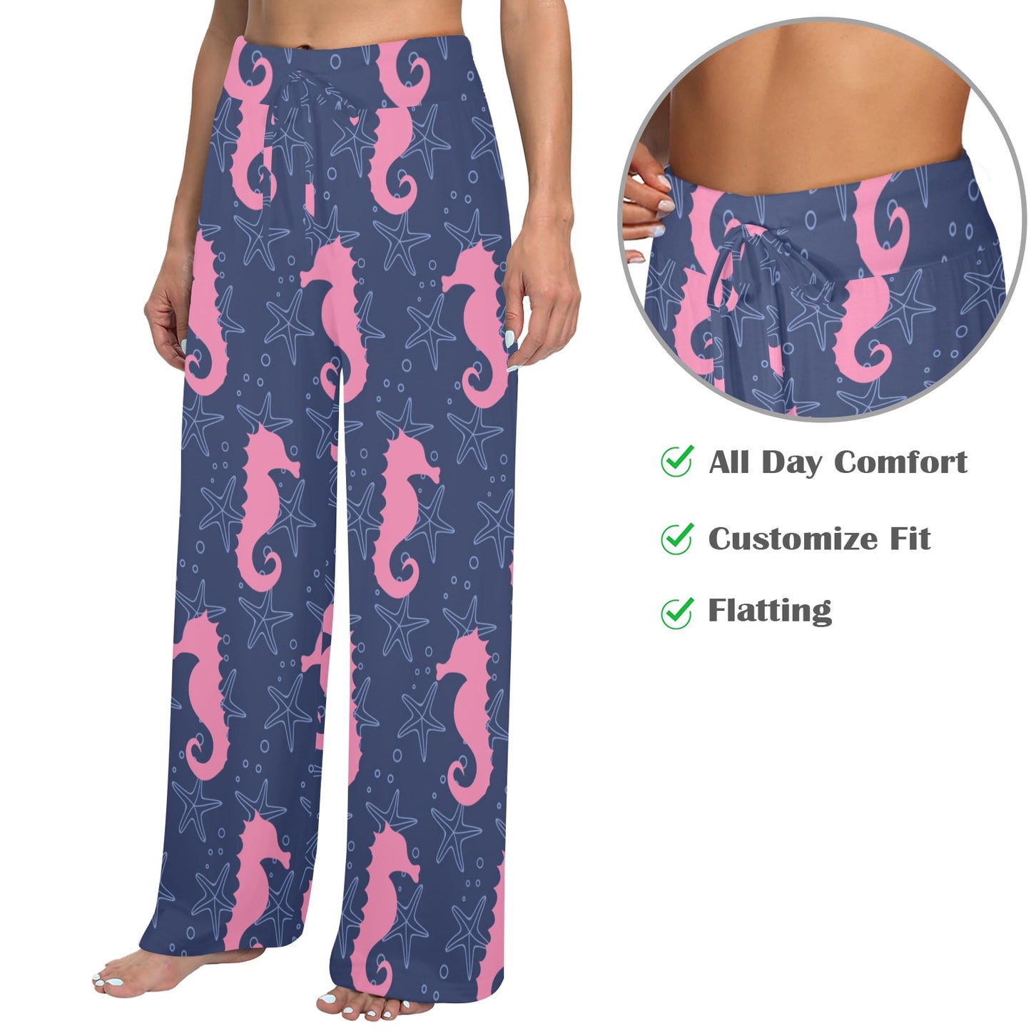 SeaHorse Pink Pattern Print Design 02 Women's Wide Leg Lounge Pants