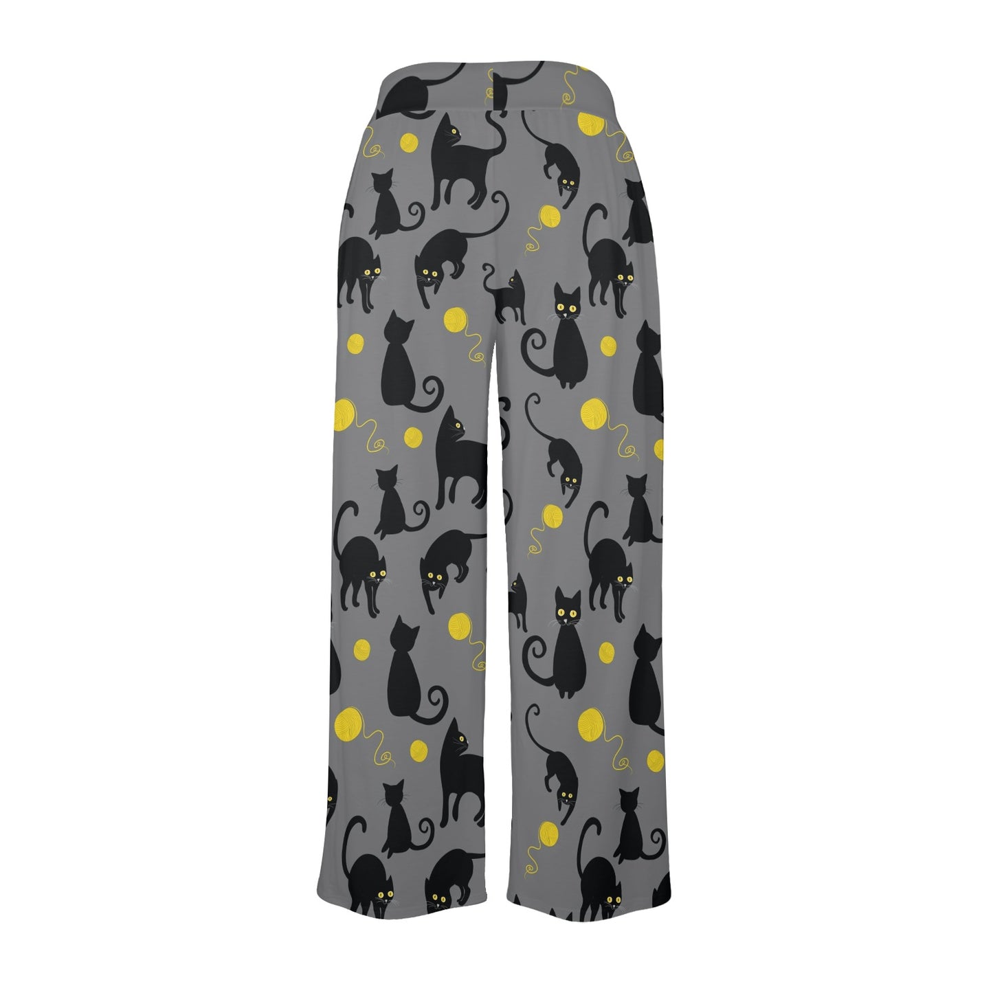 Black Cat Yellow Yarn Print Pattern Women's Wide Leg Lounge Pants