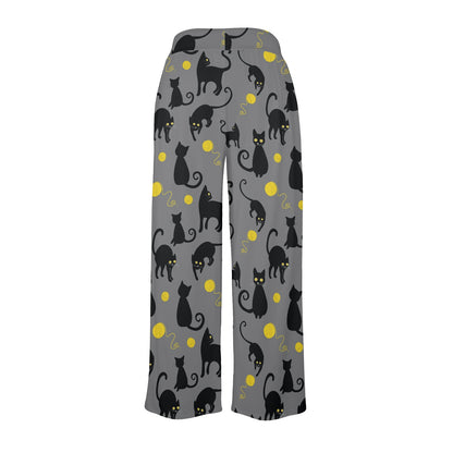 Black Cat Yellow Yarn Print Pattern Women's Wide Leg Lounge Pants