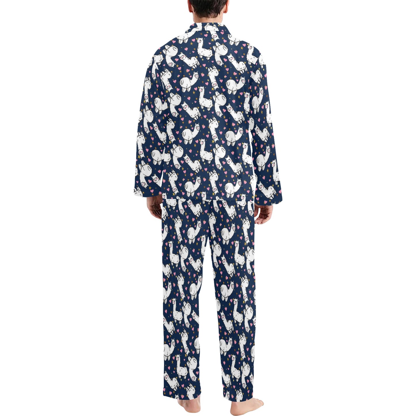 Alpaca Heart Star Design Themed Print Men's Long Pajama Set