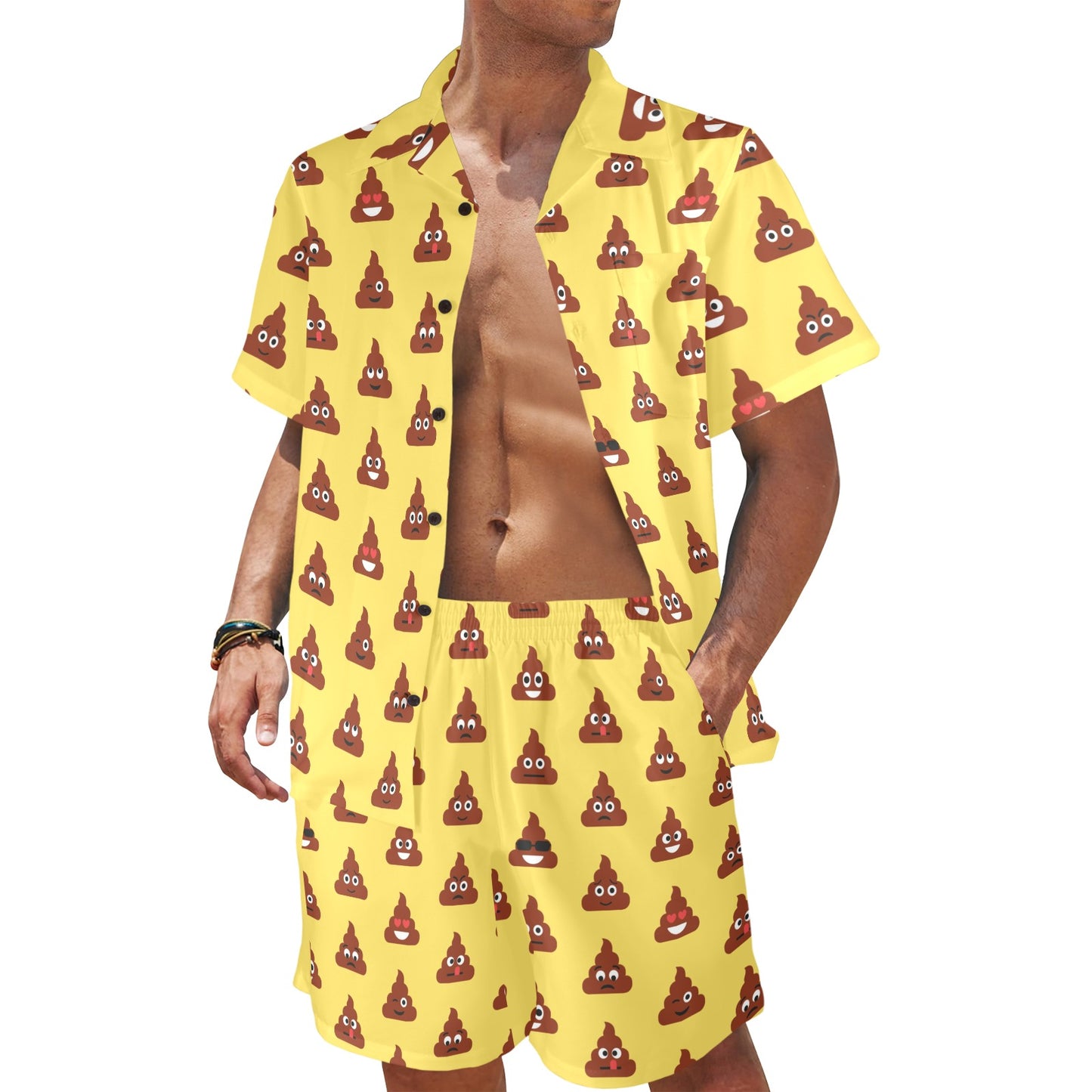Emoji Poop Print Pattern Men's Beach Shirt and Shorts Set