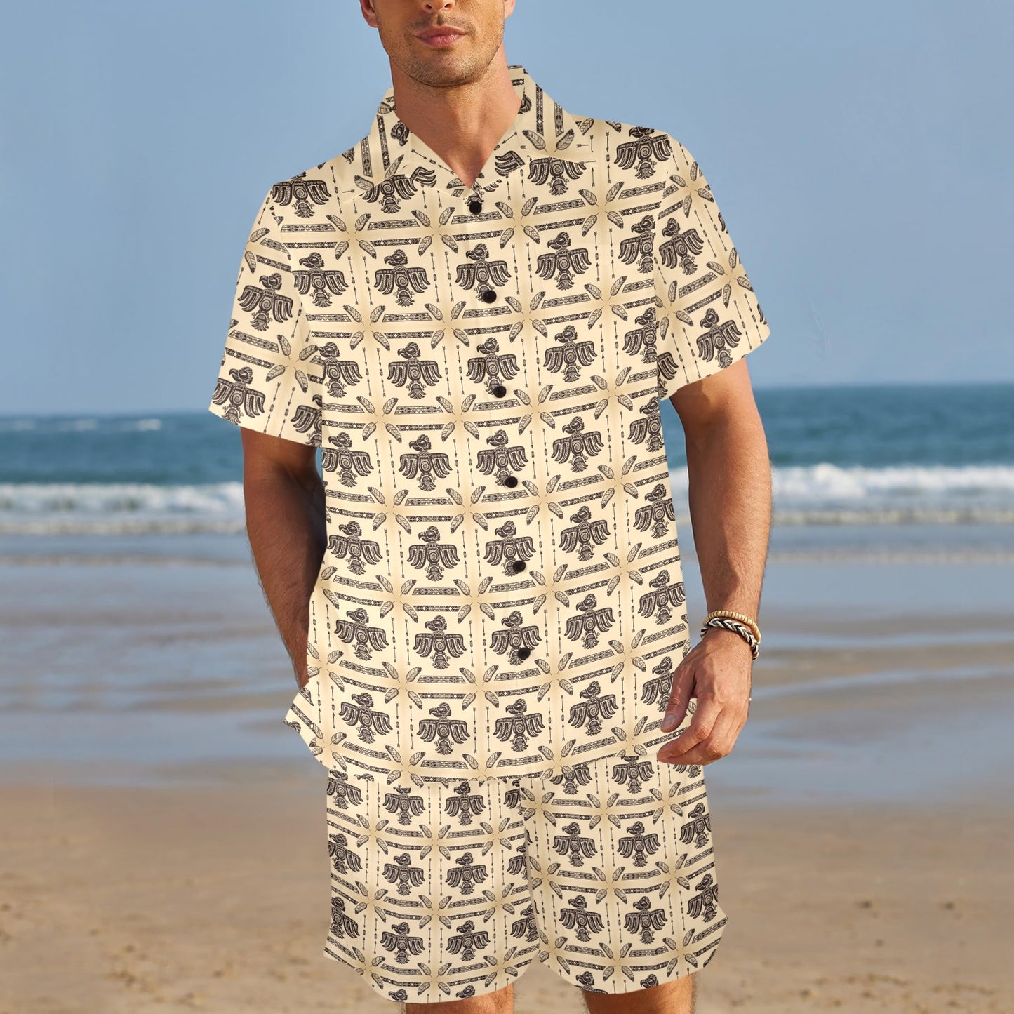 Native American Themed Design Print Men's Beach Shirt and Shorts Set