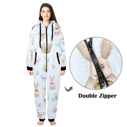 Rabbit Easter Eggs Pattern Print Design 03 Hooded Fleece Onesie Pajama Jumpsuit