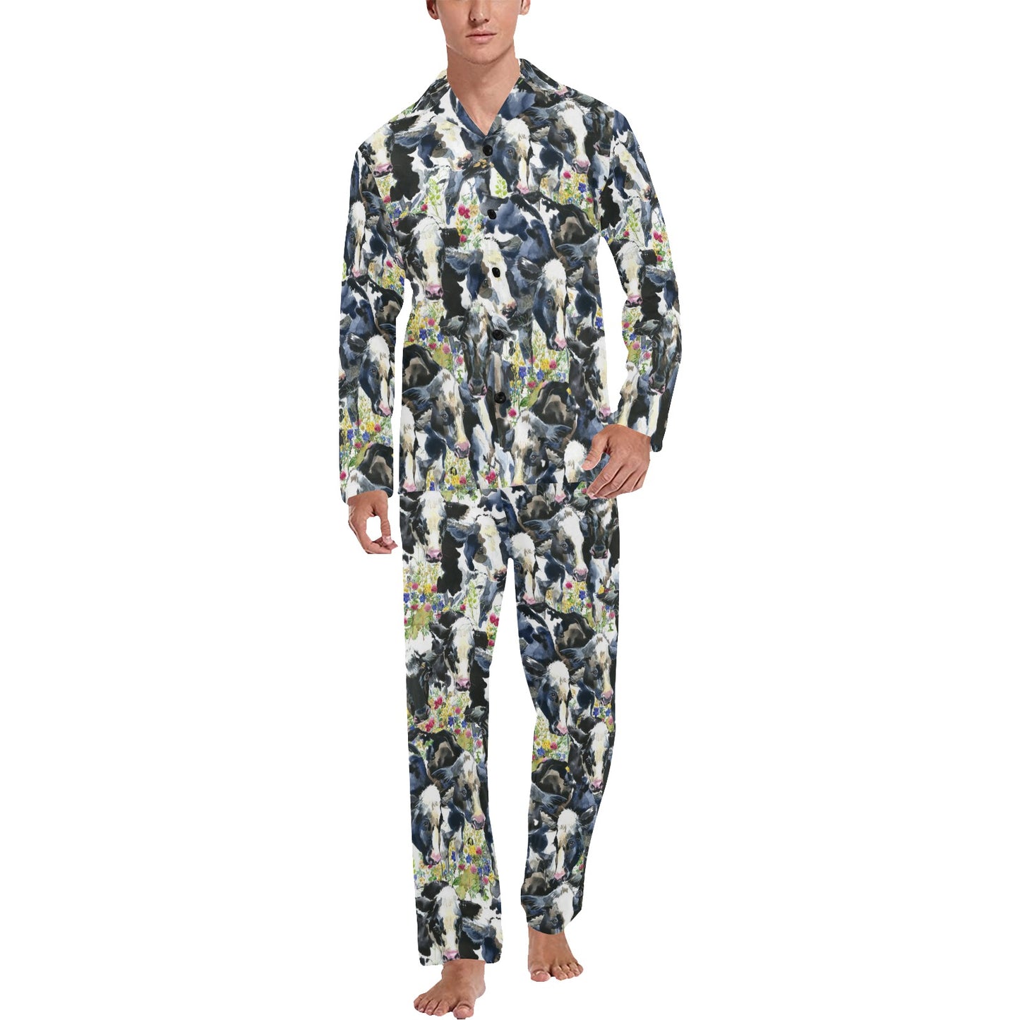 Cow Watercolor Print Pattern Men's Long Pajama Set