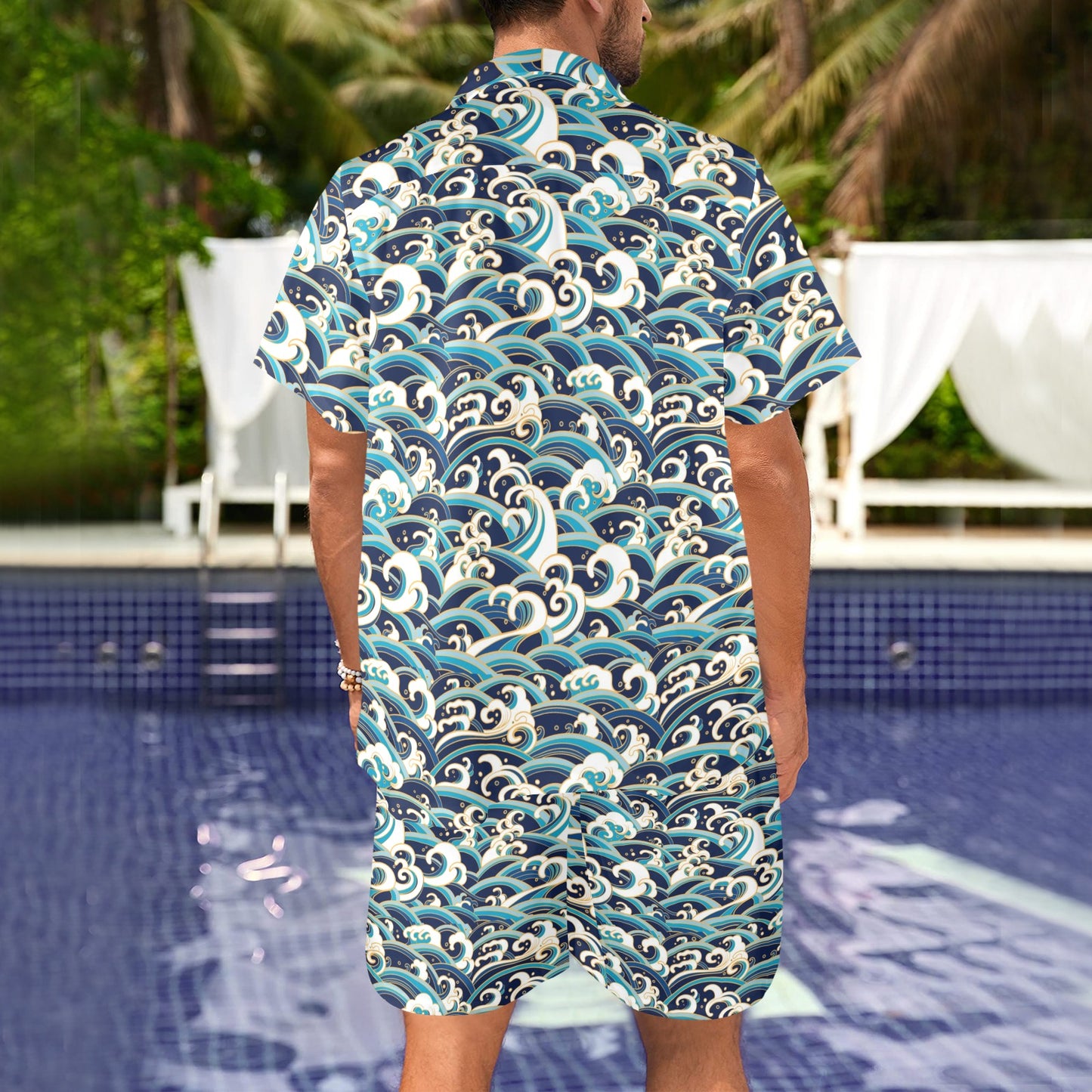 Surf Wave Pattern Men's Beach Shirt and Shorts Set