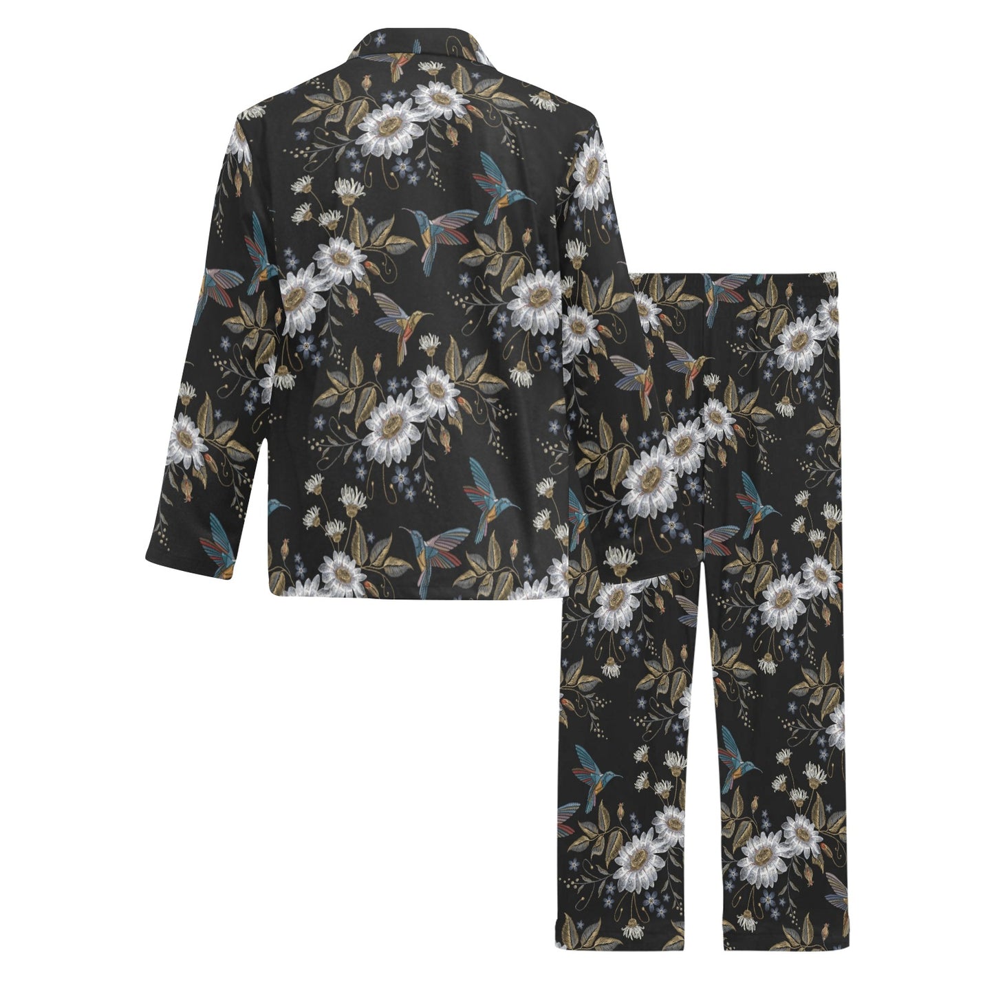 Hummingbird with Embroidery Themed Print Men's Long Pajama Set