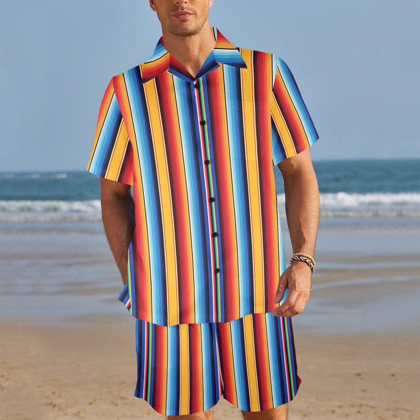 Mexican Blanket Stripe Print Pattern Men's Beach Shirt and Shorts Set