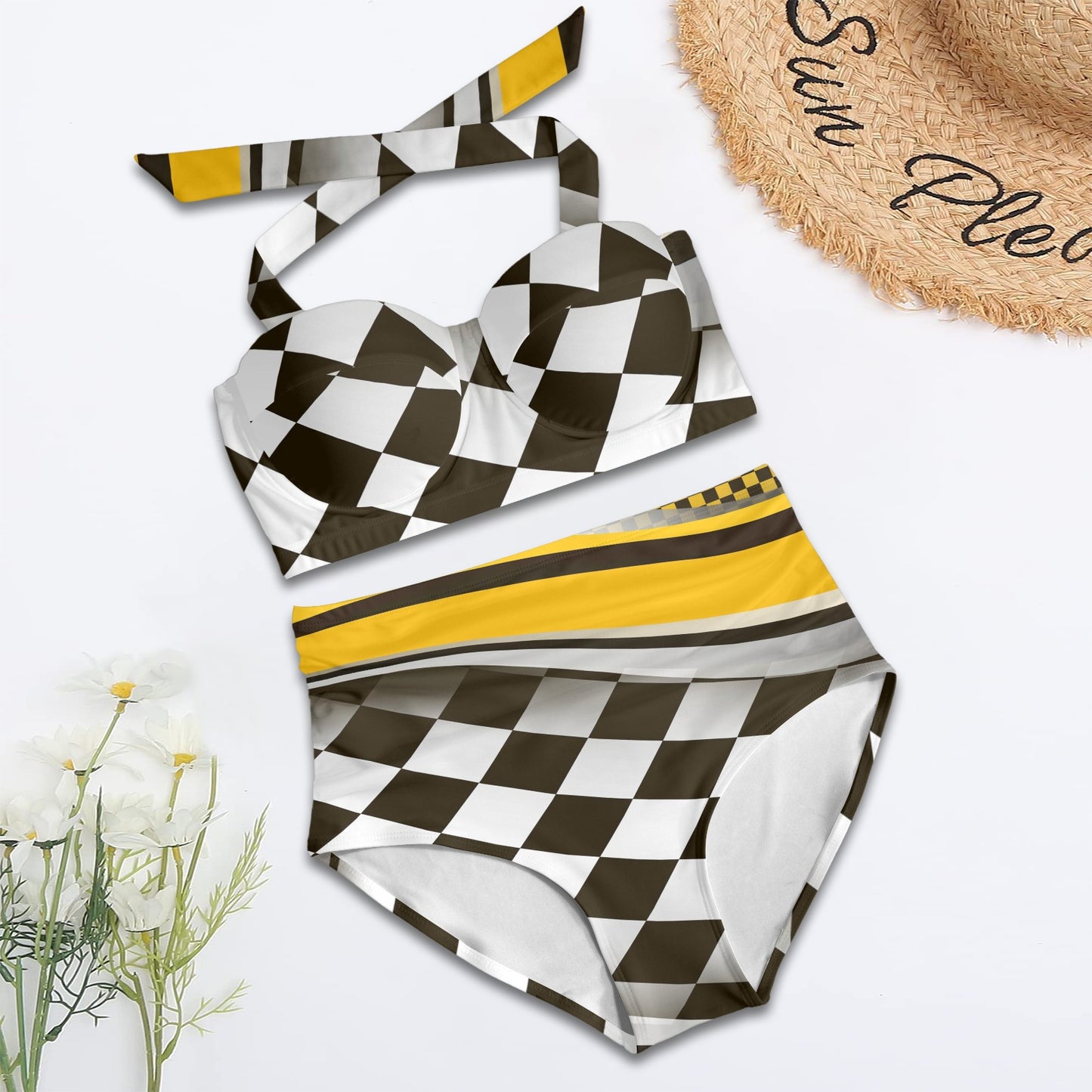 Checkered Flag Racing Style Halter Neck Bikini Swimsuit