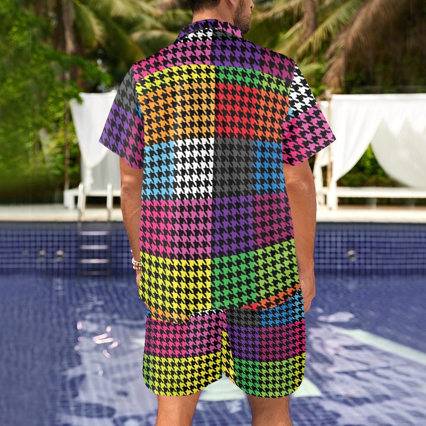 Houndstooth Colorful Pattern Print Design 01 Men's Beach Shirt and Shorts Set