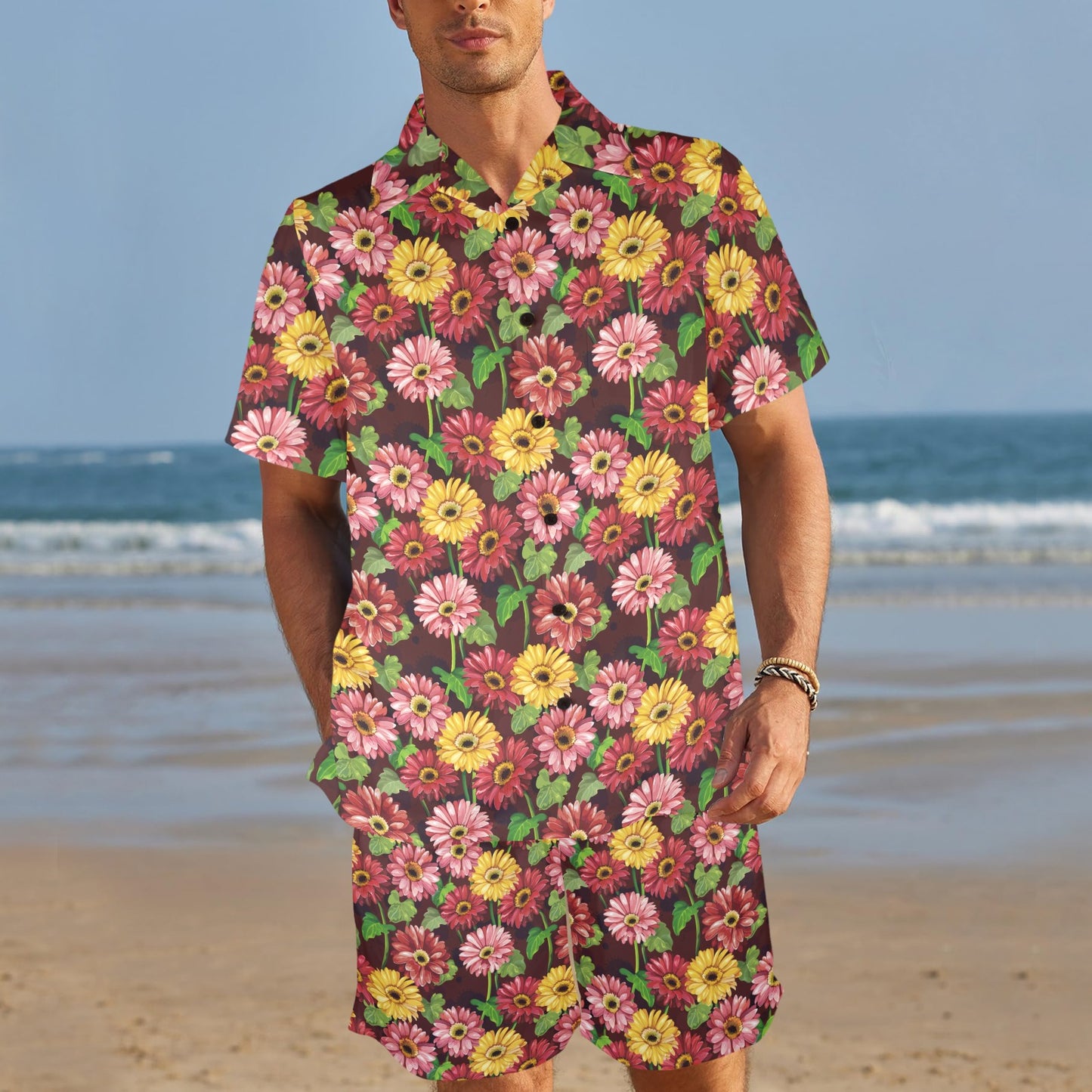 Daisy Gerbera Print Pattern Men's Beach Shirt and Shorts Set