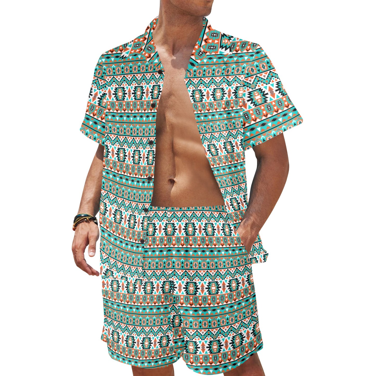 Indian Navajo Ethnic Themed Design Print Men's Beach Shirt and Shorts Set