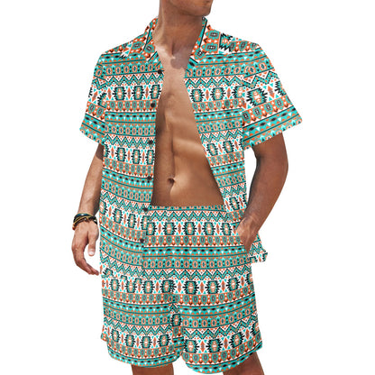 Indian Navajo Ethnic Themed Design Print Men's Beach Shirt and Shorts Set