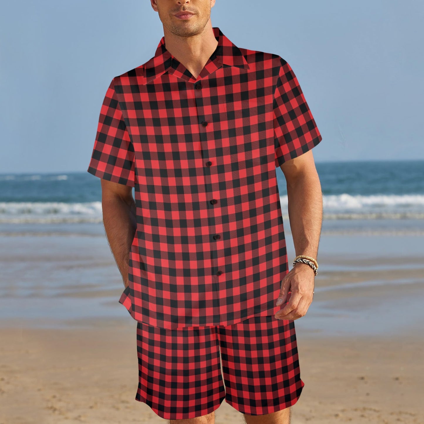 Red Black Buffalo Tartan Plaid Pattern Men's Beach Shirt and Shorts Set