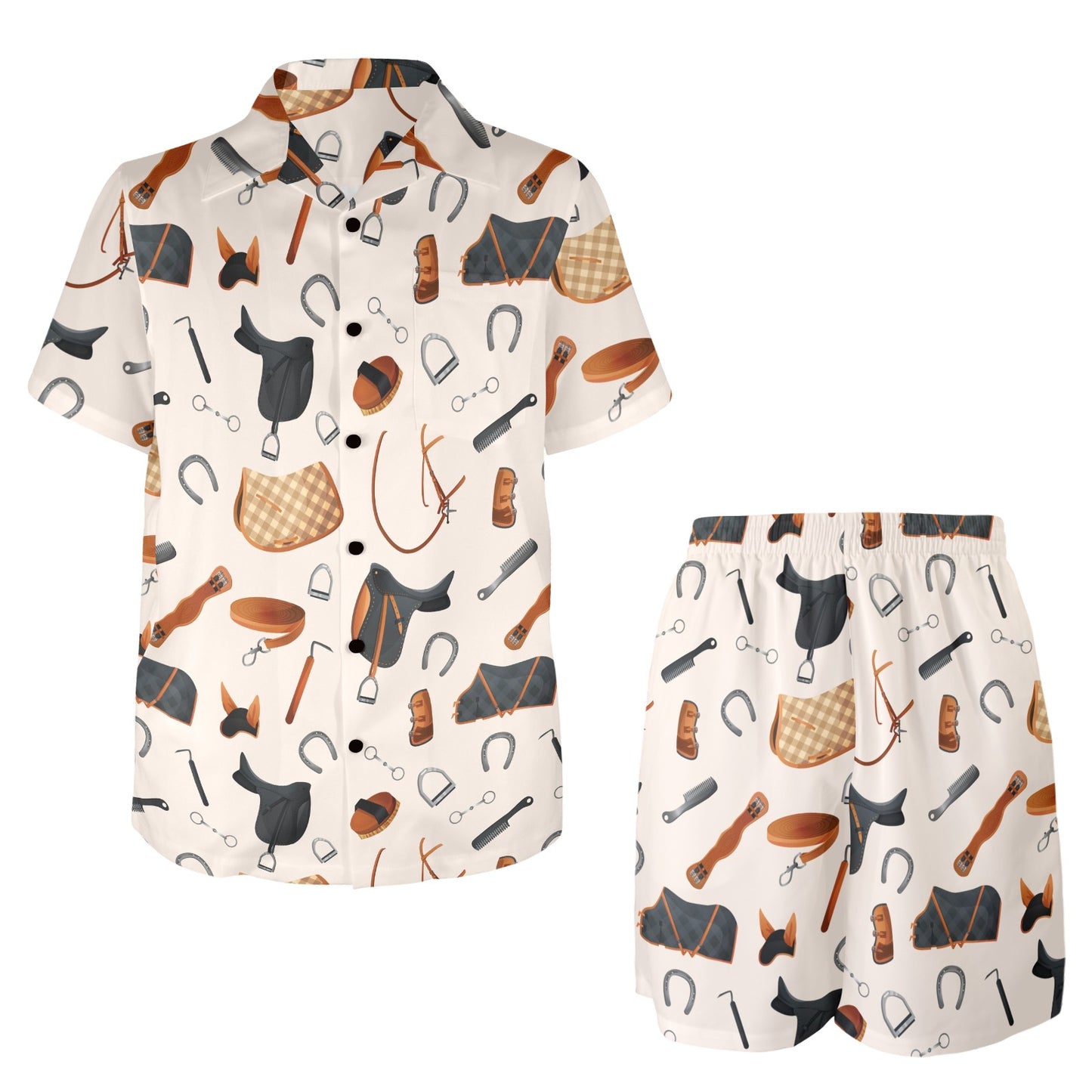 Equestrian Equipment Print Pattern Men's Beach Shirt and Shorts Set