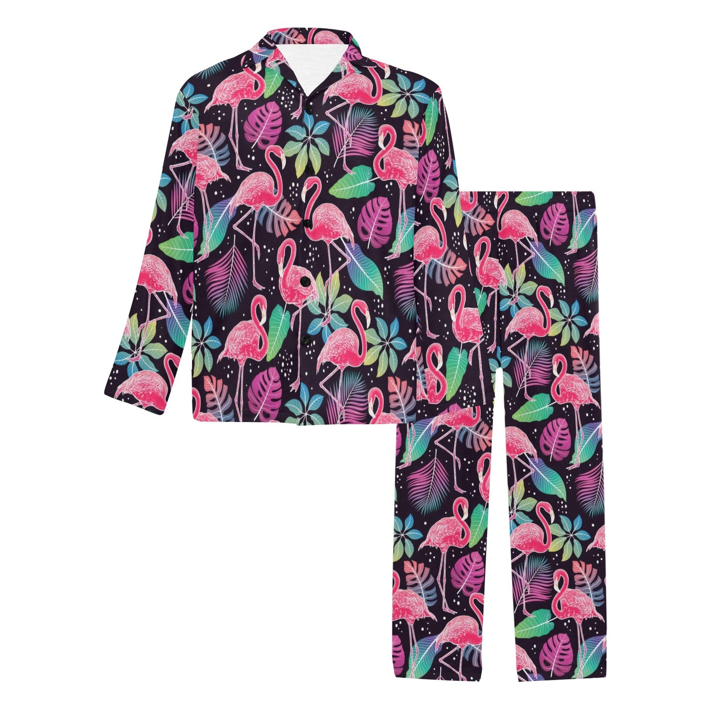 Flamingo Tropical leaves Neon Print Men's Long Pajama Set
