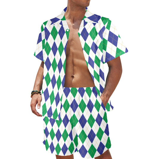 Argyle Green Blue Pattern Print Design 03 Men's Beach Shirt and Shorts Set