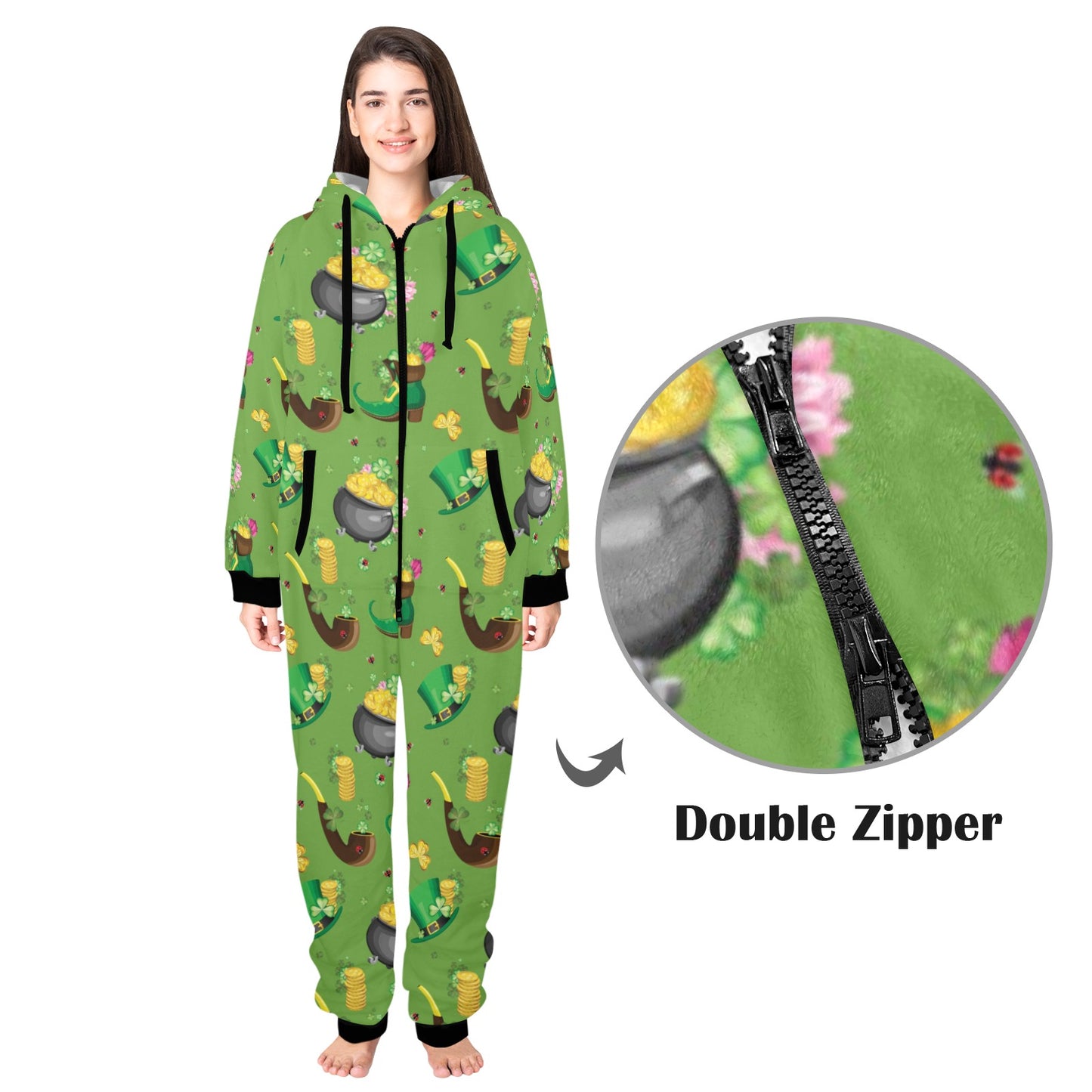 Shamrock Saint Patrick's Day Print Design LKS306 Hooded Fleece Onesie Pajama Jumpsuit